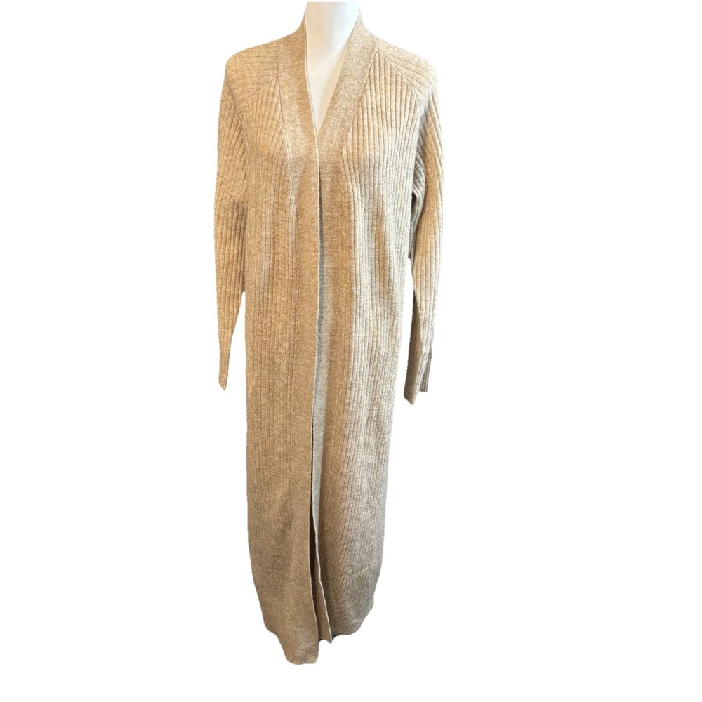 H&M Tan Ribbed Knit Maxi Open Front Cardigan Duster Oversized  XSmall Wool Blend